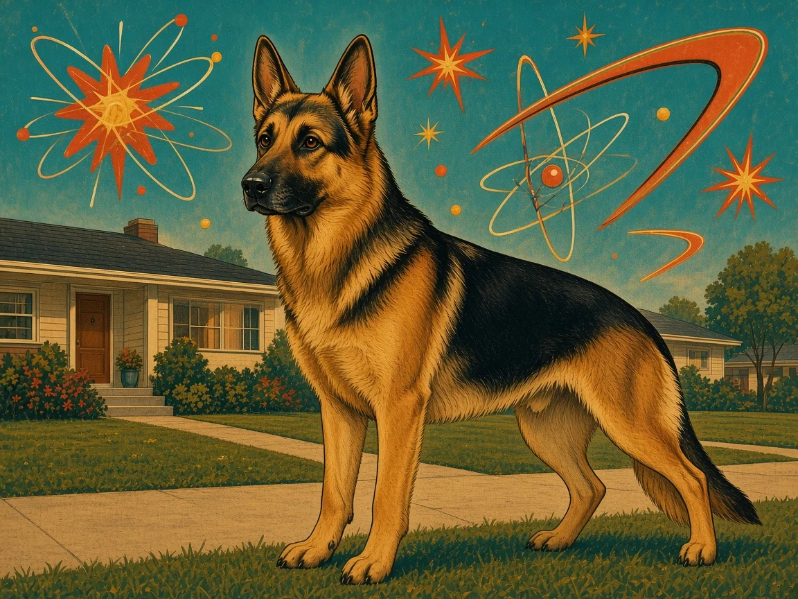 Illustration: a dignified black-and-tan German Shepherd on a cream suburban lawn before a mid-century ranch house, turquoise sky with coral and mustard atomic starbursts