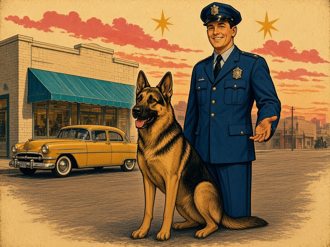 Illustration: a German Shepherd seated beside a smiling 1950s police officer outside a small-town precinct with a mustard sedan and turquoise awning