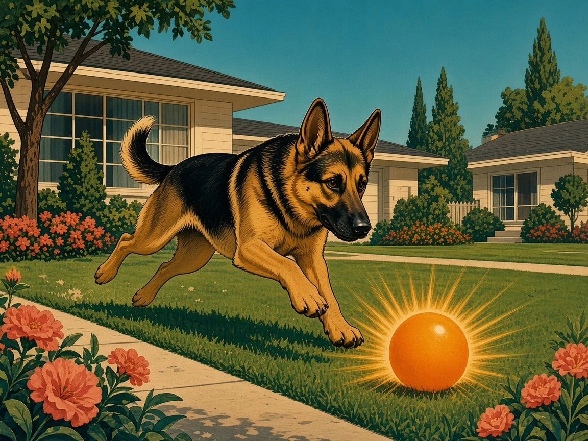 Illustration: an athletic German Shepherd mid-stride on a suburban lawn chasing a glowing atomic-orange ball before mid-century ranch houses