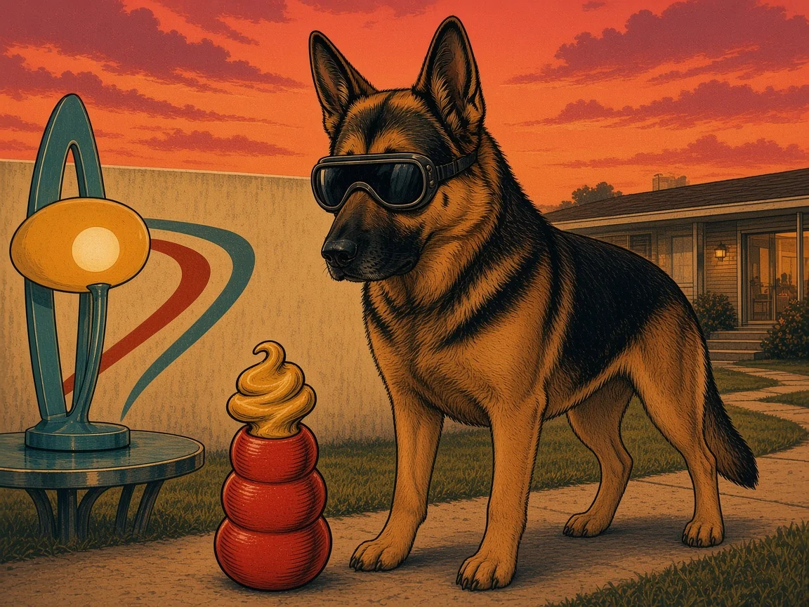 Illustration: a German Shepherd wearing protective dog goggles outdoors at coral sunset beside a ranch house, with a red stuffed rubber enrichment toy on the ground nearby and a mustard atomic lamp