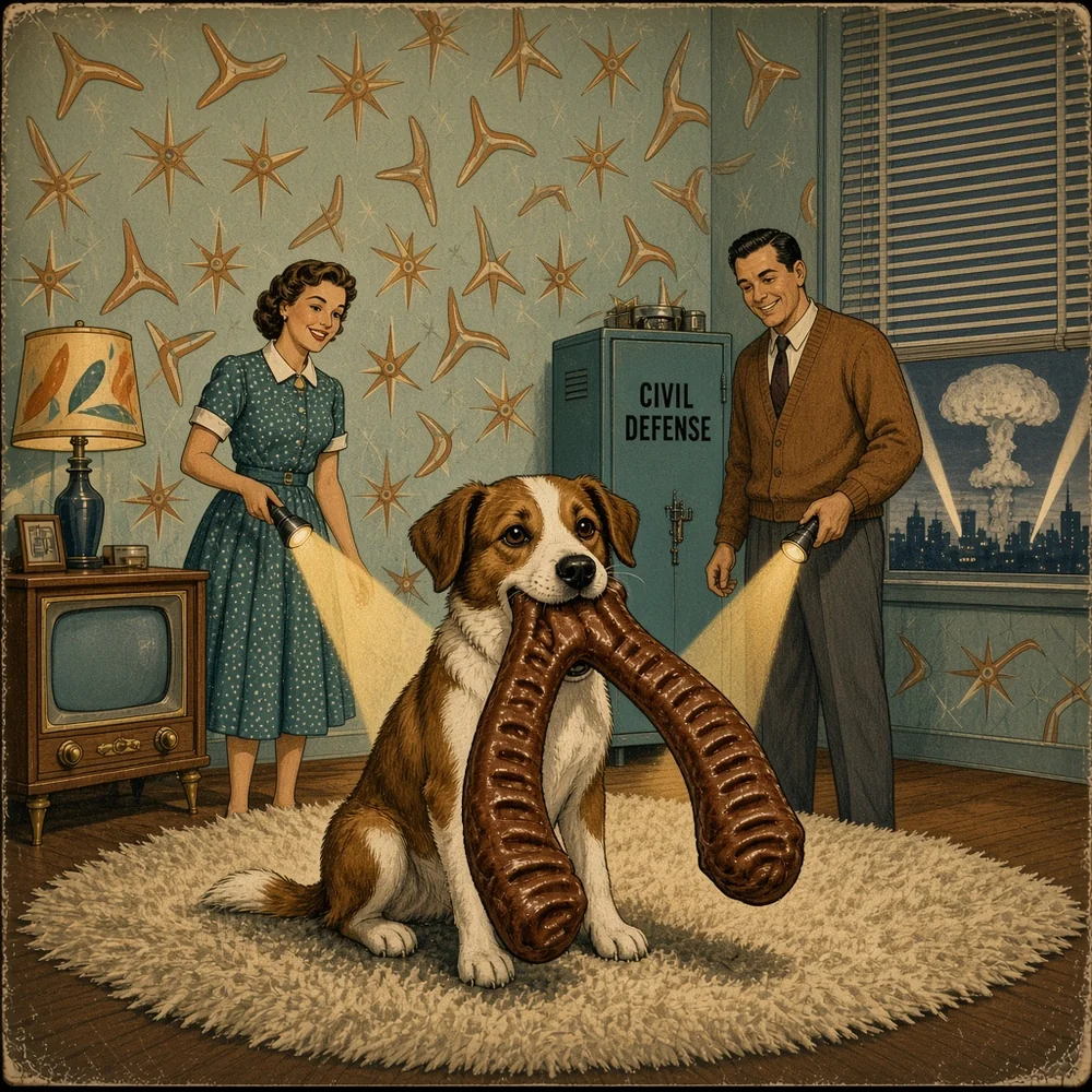 Illustration: 1950s living-room civil-defense drill — brown-and-white dog gripping a giant bacon-brown nylon wishbone while a smiling couple with flashlights stand by a teal CIVIL DEFENSE locker; mushroom cloud outside the window; no title banner