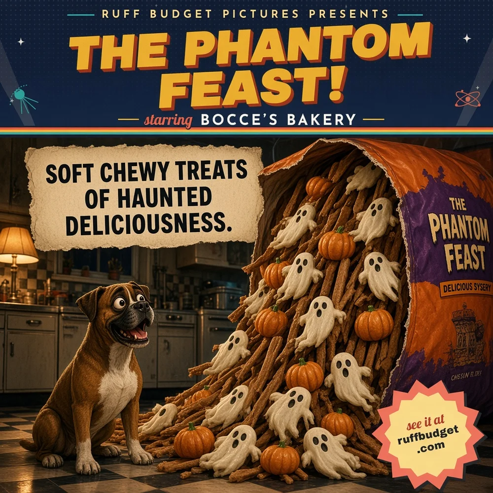 Illustration: 1950s B-movie poster of Bocce's Bakery Phantom Feast soft chewy dog treats rising from a haunted pantry