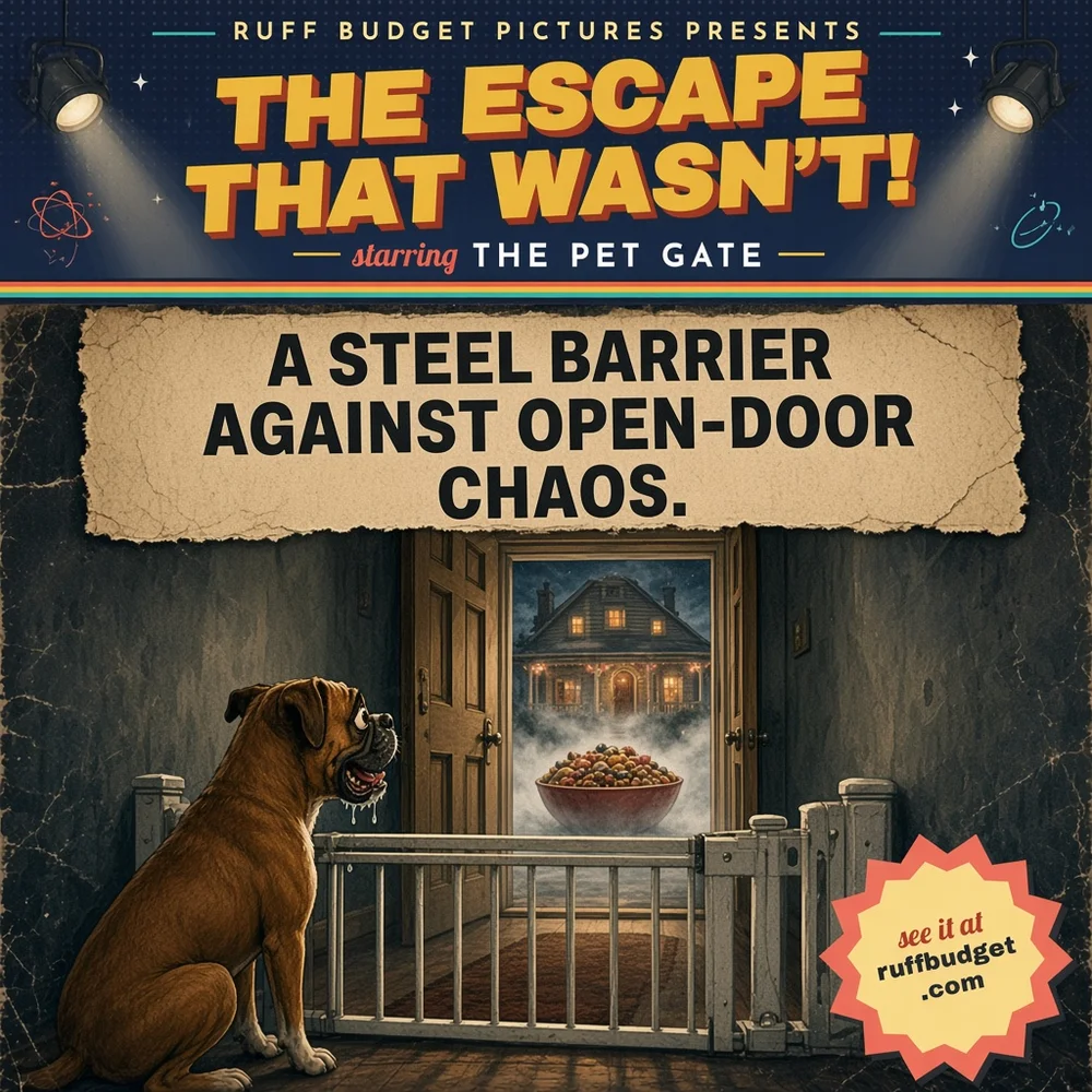Illustration: 1950s B-movie poster of a steel pet gate holding the hallway checkpoint while trick-or-treaters pour through the front door