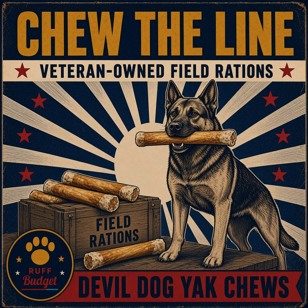 Illustration: victory-propaganda poster CHEW THE LINE starring Devil Dog Pet Co Himalayan yak chews