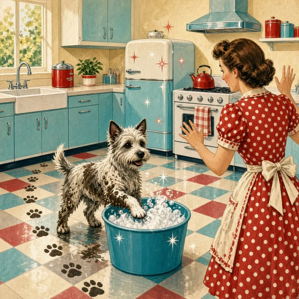 Illustration: 1950s-style appliance ad of a smiling housewife in a gleaming kitchen washing a muddy dog's paw in a teal paw-washer cup.