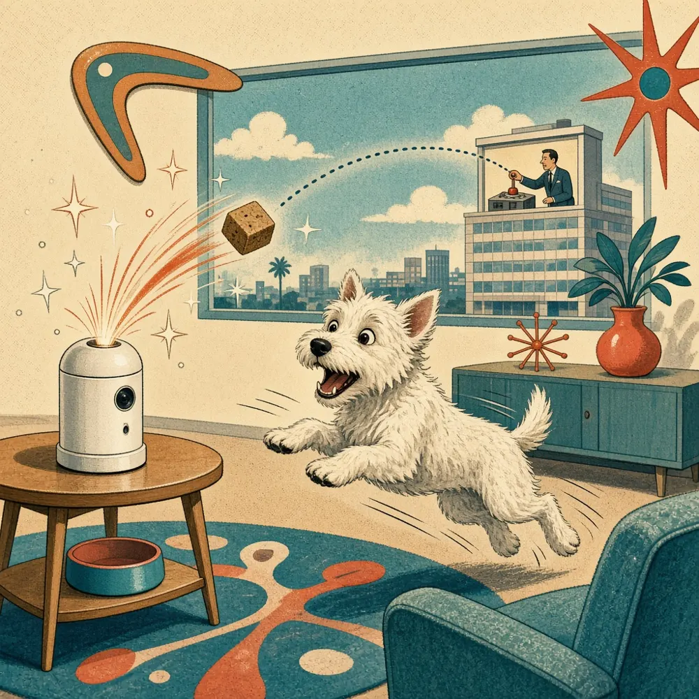 Illustration: a grinning person ignores paperwork to watch on their phone as a pet camera tosses a treat to a corgi at home