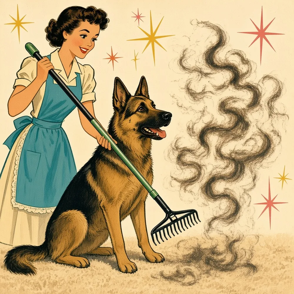 Illustration: 1950s Modern Miracle appliance ad of a housewife in a turquoise apron deShedding a calm German Shepherd while a dramatic cloud of undercoat fur swirls beside them with mustard and coral atomic starbursts