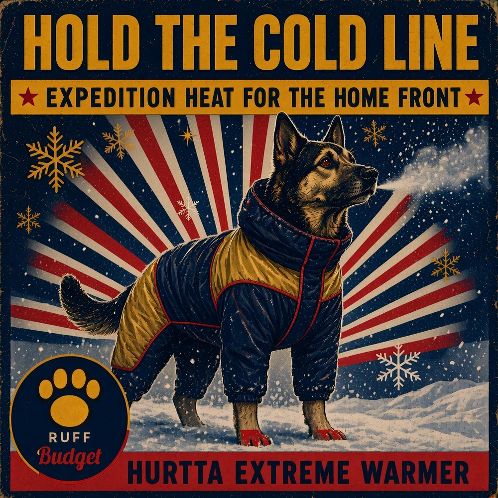 Illustration: Cold War victory-propaganda poster HOLD THE COLD LINE starring the Hurtta Extreme Warmer