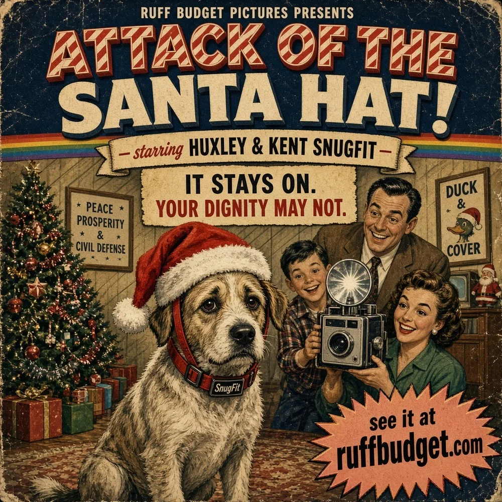 Illustration: 1950s B-movie poster of a medium dog in a Huxley & Kent SnugFit Santa hat enduring a mid-century family flashbulb photo