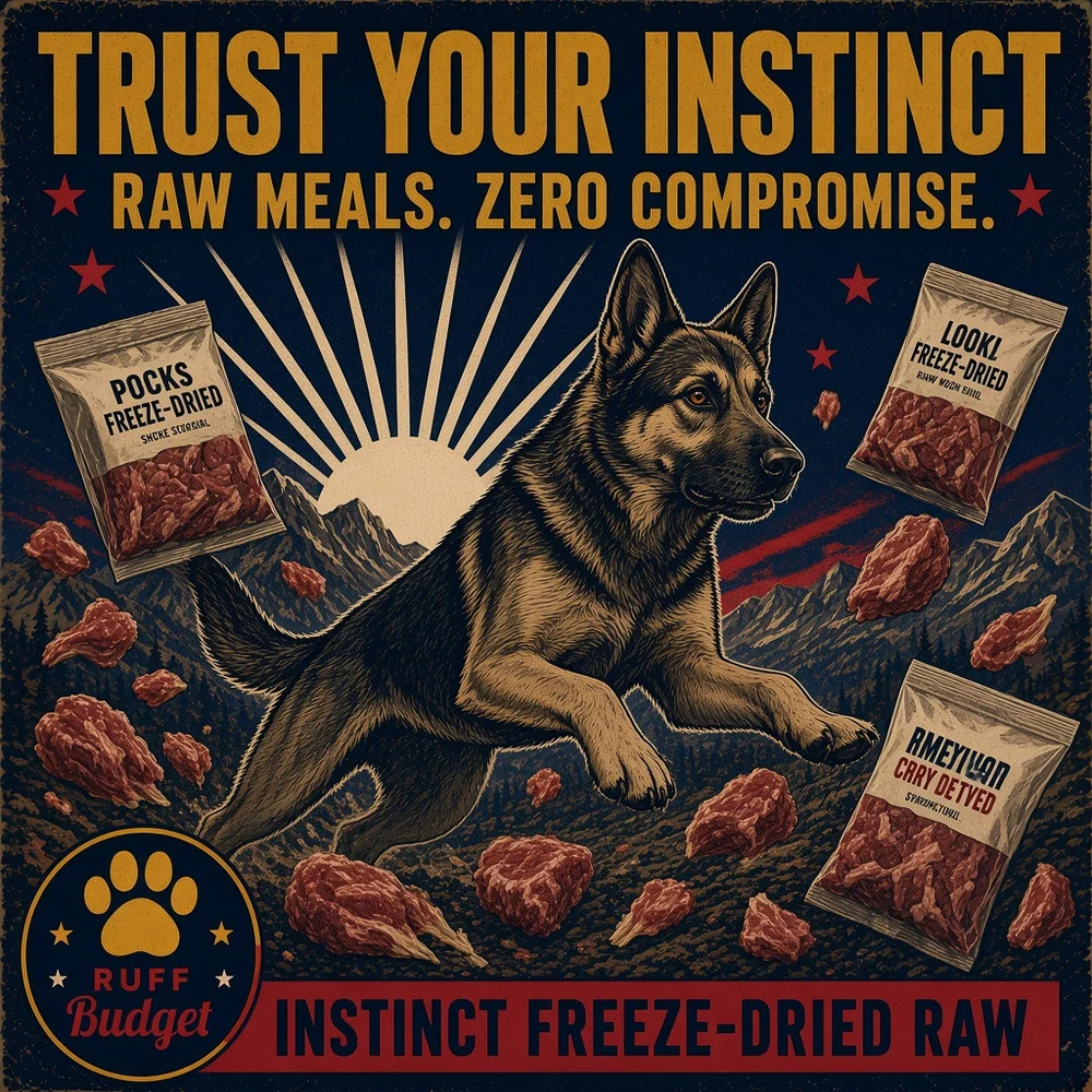 Illustration: victory-propaganda poster TRUST YOUR INSTINCT starring Instinct freeze-dried raw meals grass-fed lamb