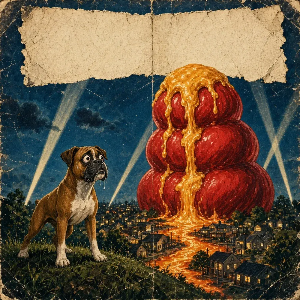 Illustration: 1950s B-movie poster parody of a giant red stuffable toy looming over a suburb as peanut butter oozes down the streets, while a sweating boxer watches from a hill