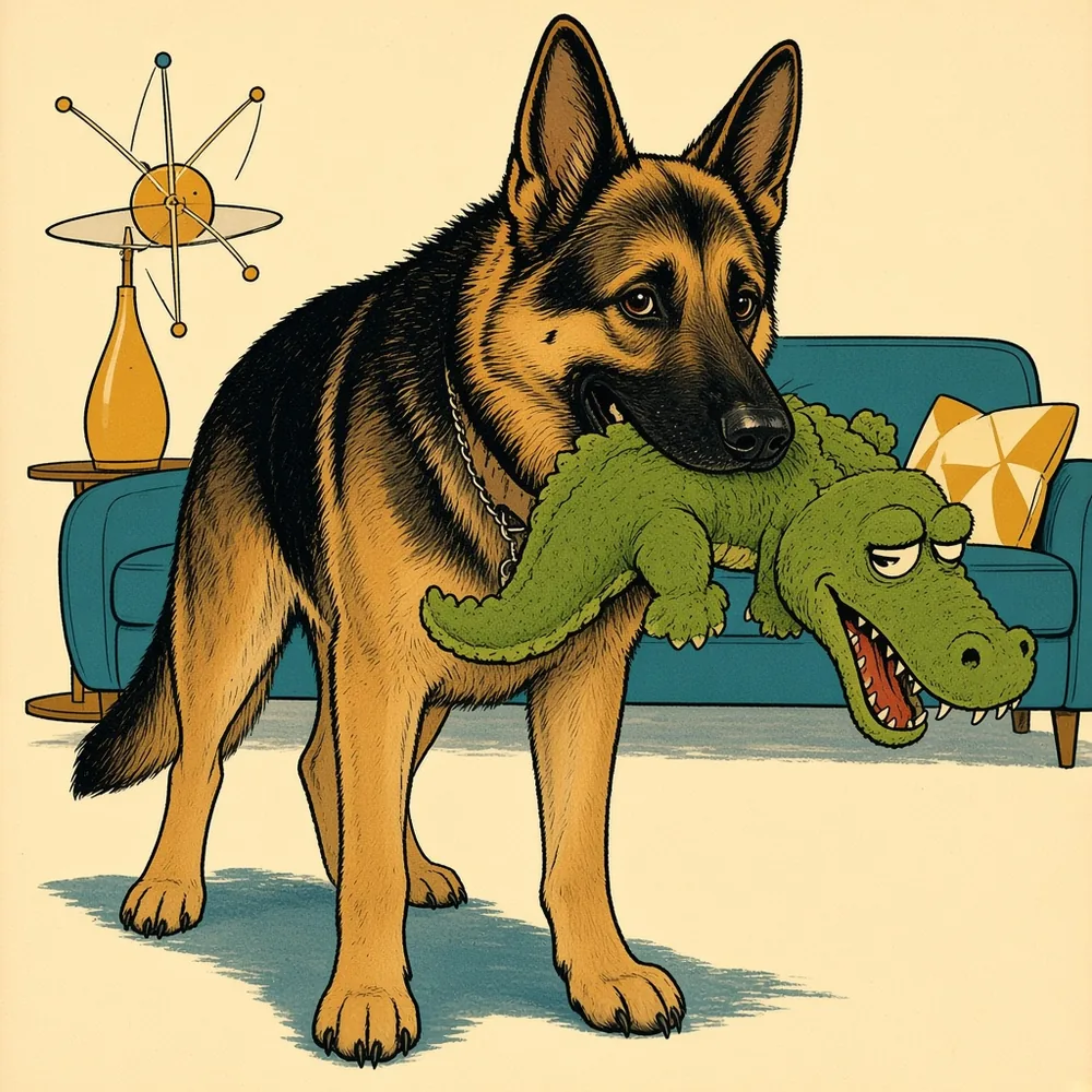 Illustration: 1950s hand-drawn living-room poster of Titan the German Shepherd holding a lime-green Cozie alligator