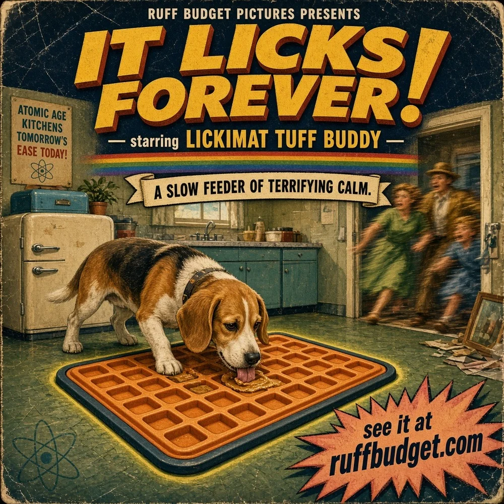 Illustration: 1950s B-movie poster of an orange LickiMat Tuff Buddy glowing on a mid-century kitchen floor while a calm dog licks and relatives flee