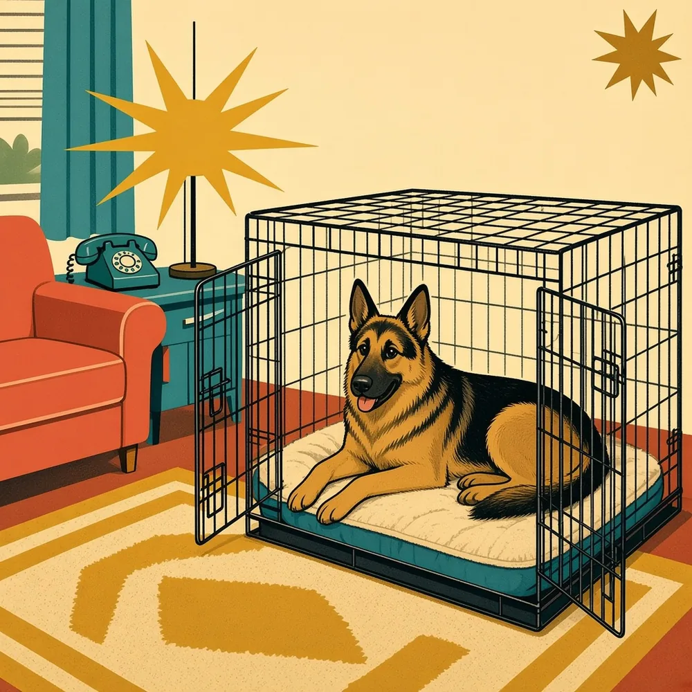 Illustration: 1950s civil-defense living-room poster of a German Shepherd resting inside an open double-door black wire crate beside a mustard atomic lamp and teal telephone