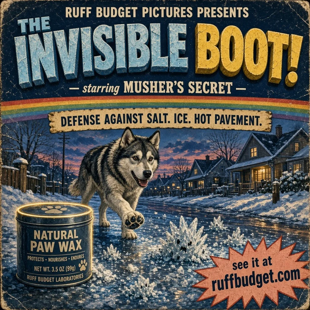 Illustration: 1950s B-movie poster of a husky-type dog walking past ice-crystal monsters on a salted sidewalk with a glowing tin of Musher's Secret paw wax