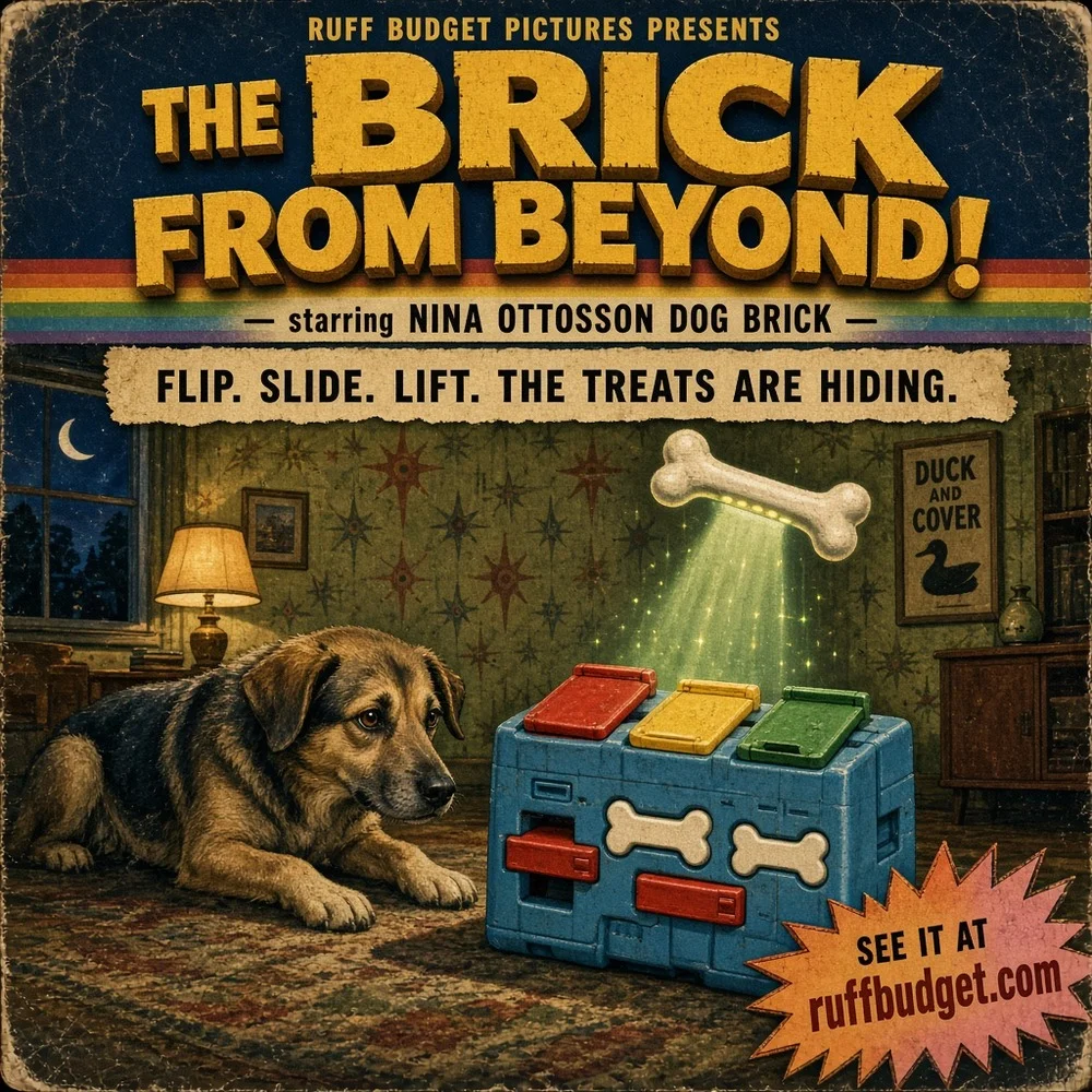 Illustration: 1950s B-movie poster of a blue Nina Ottosson Dog Brick puzzle with a levitating bone cover and a determined dog on atomic-age wallpaper
