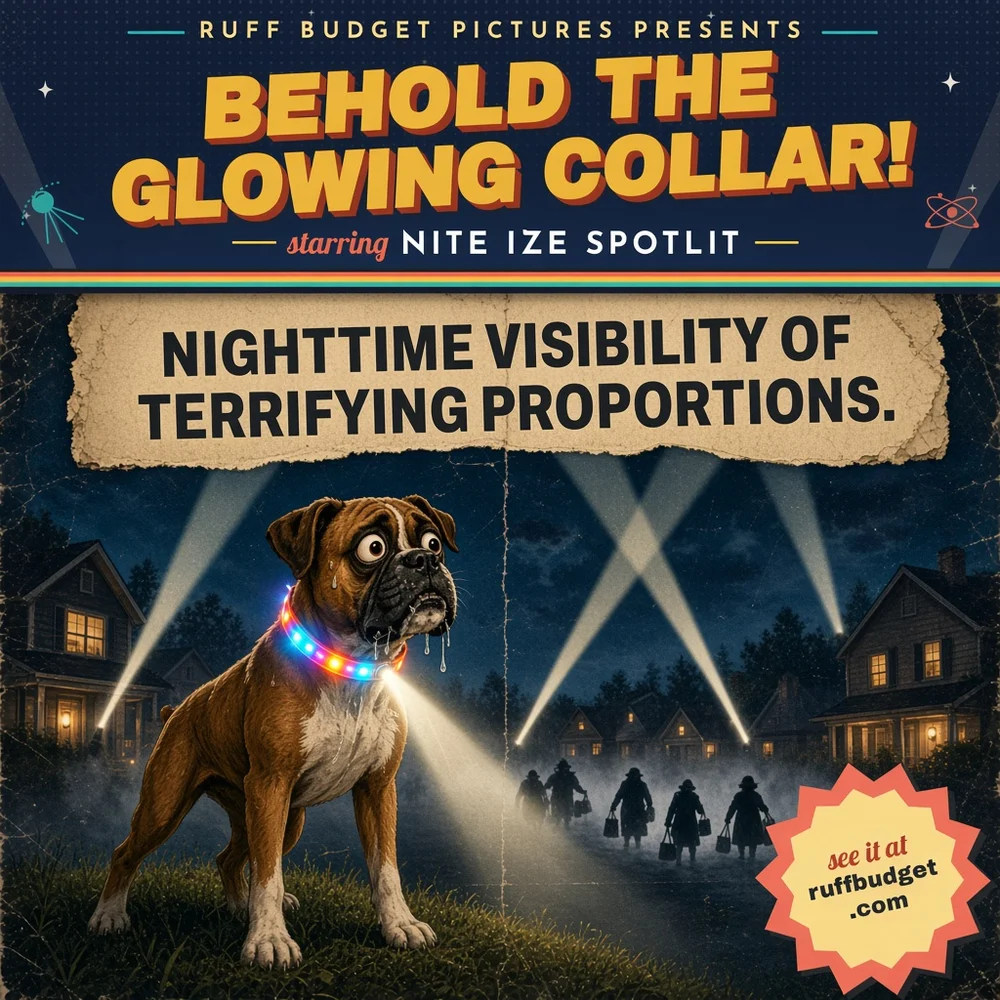 Illustration: 1950s B-movie poster of a glowing LED collar beacon lighting a black dog on a dark sidewalk as headlights hesitate
