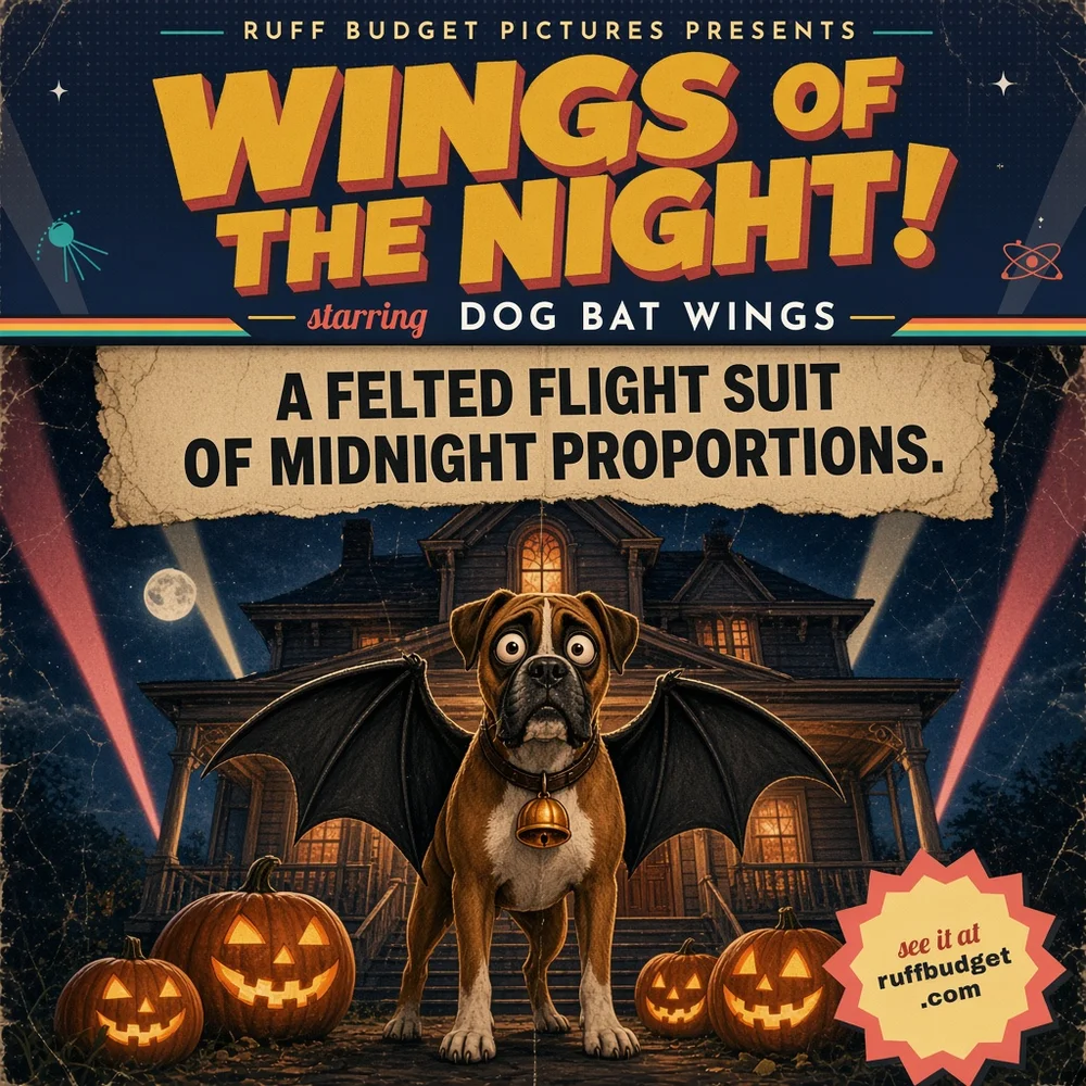 Illustration: 1950s B-movie poster of a dog in felt bat wings cleared for midnight porch takeoff with a pumpkin bell