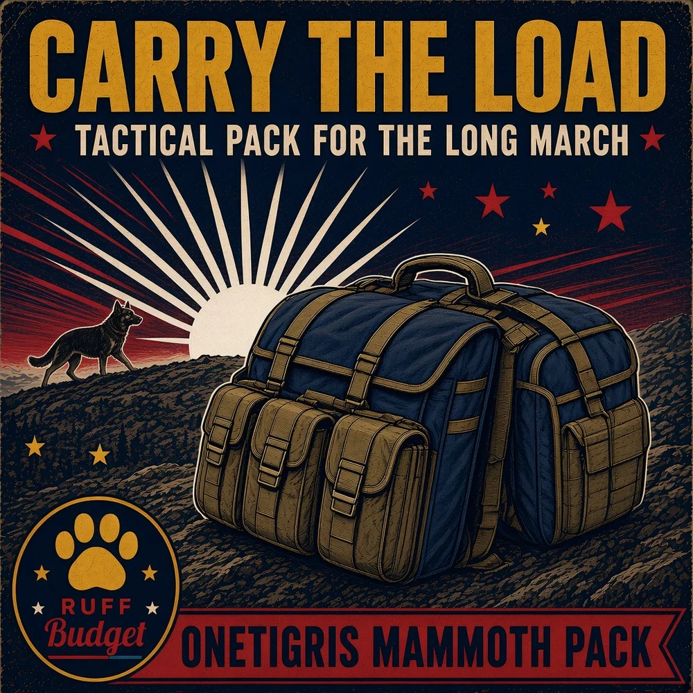 Illustration: victory-propaganda poster CARRY THE LOAD starring the OneTigris Mammoth tactical dog pack