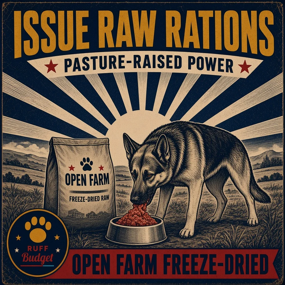 Illustration: victory-propaganda poster ISSUE RAW RATIONS starring Open Farm freeze-dried raw lamb
