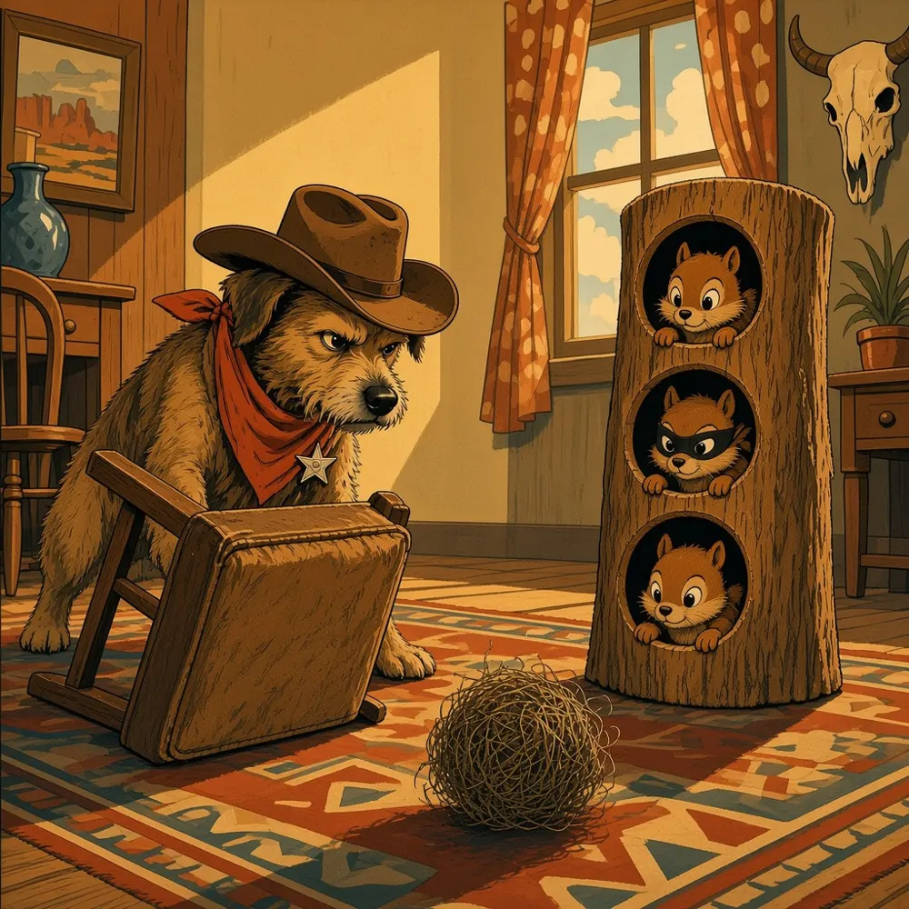 Illustration: 1950s Western poster of a terrier sheriff in a cowboy hat crouched behind a footstool, staring down three plush squirrel outlaws peeking from a plush tree trunk toy.