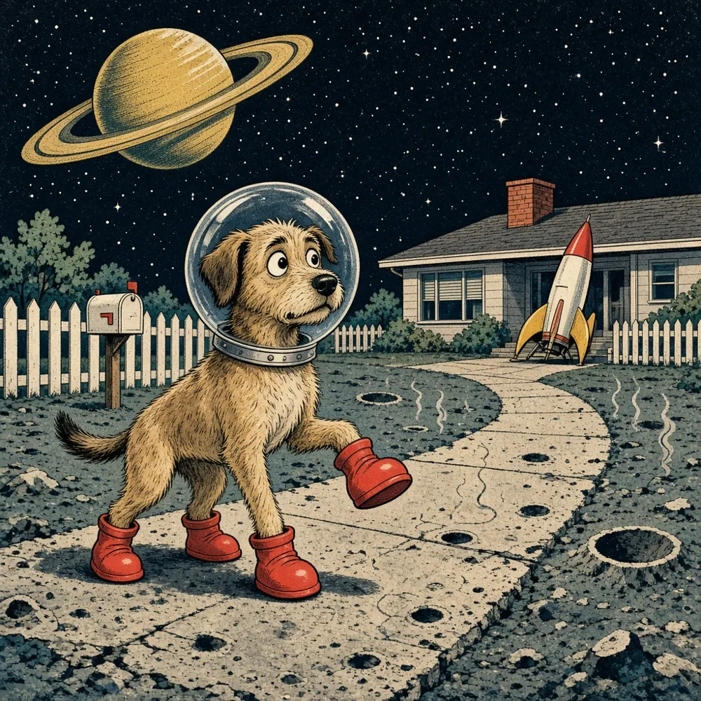 Illustration: 1950s sci-fi poster of a wary dog in a bubble space helmet and red rubber boots high-stepping down a cratered suburban sidewalk under a starry sky with a rocket in the driveway.
