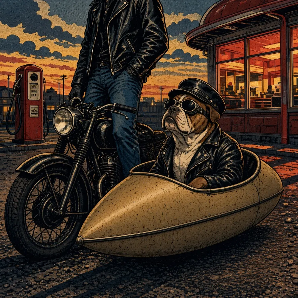 Illustration: a German shepherd in sporty goggles charges out of an action-movie burst of leaves