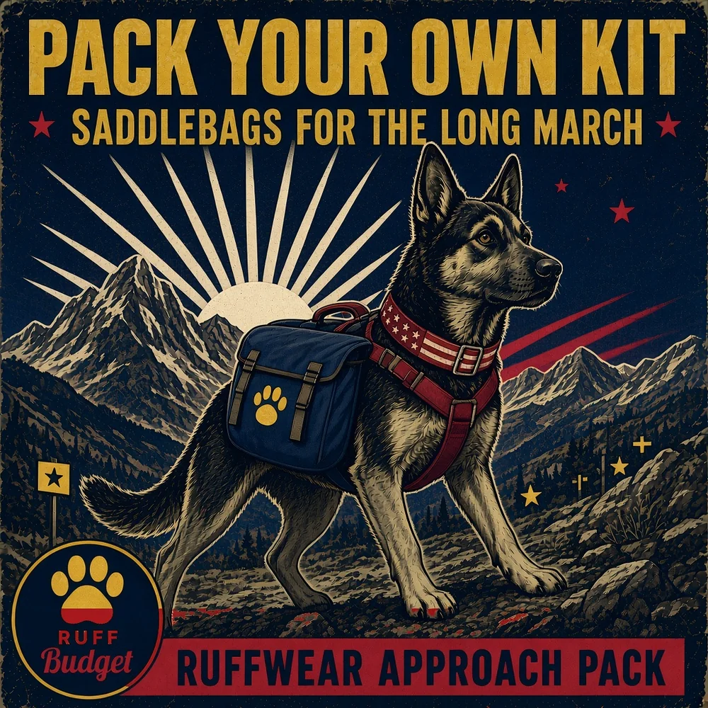 Illustration: victory-propaganda poster PACK YOUR OWN KIT starring the Ruffwear Approach Pack saddlebags