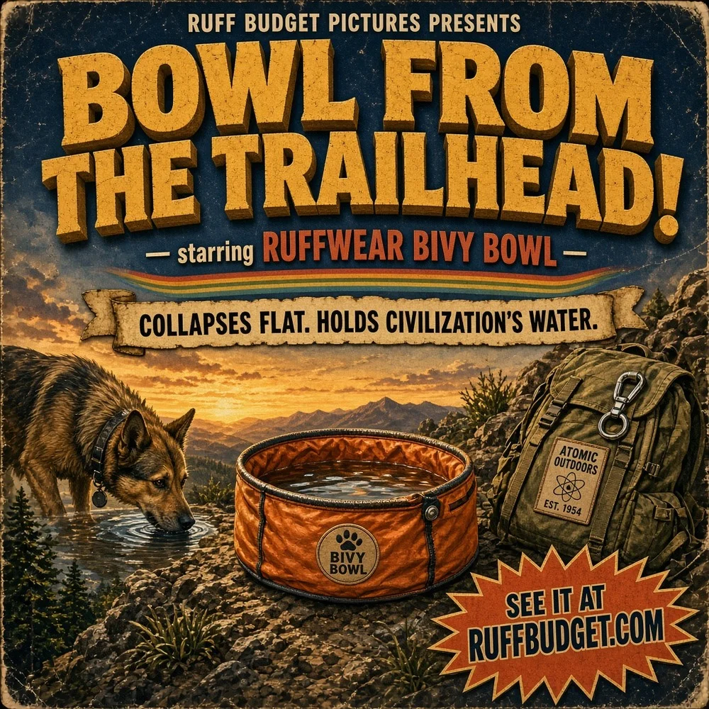 Illustration: 1950s B-movie poster of a salamander-orange Ruffwear Bivy Bowl on a rocky trail overlook with an adventure dog drinking nearby