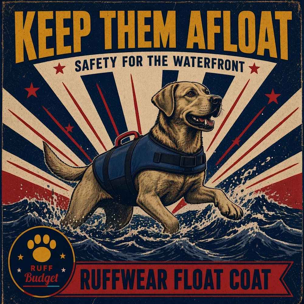 Illustration: WWII victory-propaganda poster KEEP THEM AFLOAT starring the Ruffwear Float Coat on a dog at the waterfront