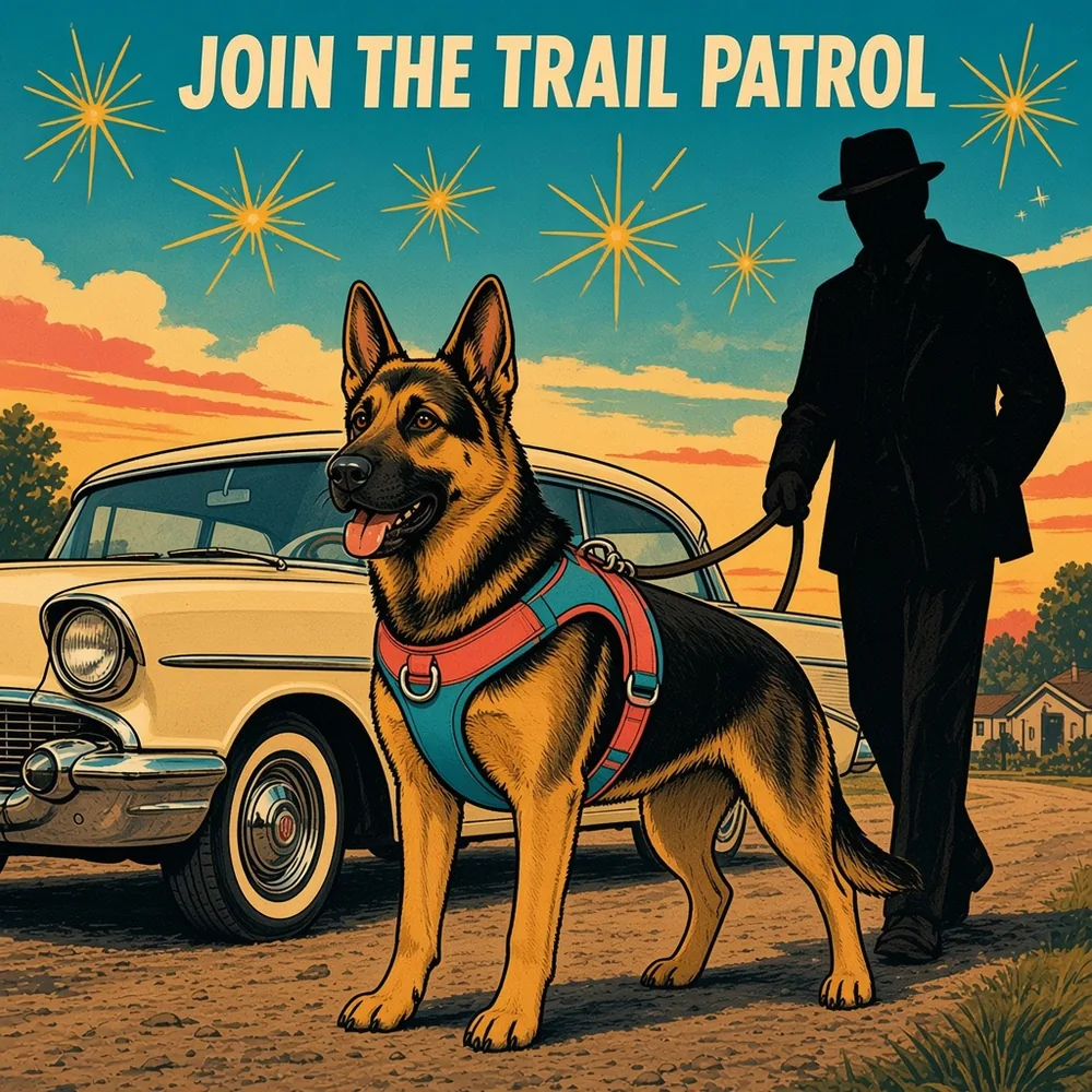 Illustration: 1950s recruitment trail-patrol poster of a German Shepherd in a teal and coral padded harness beside a cream station wagon at dawn with mustard atomic starbursts