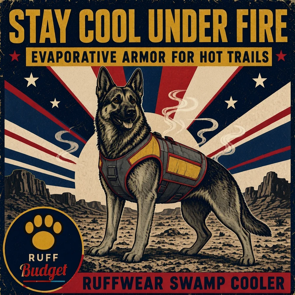 Illustration: victory-propaganda poster STAY COOL UNDER FIRE starring the Ruffwear Swamp Cooler cooling vest