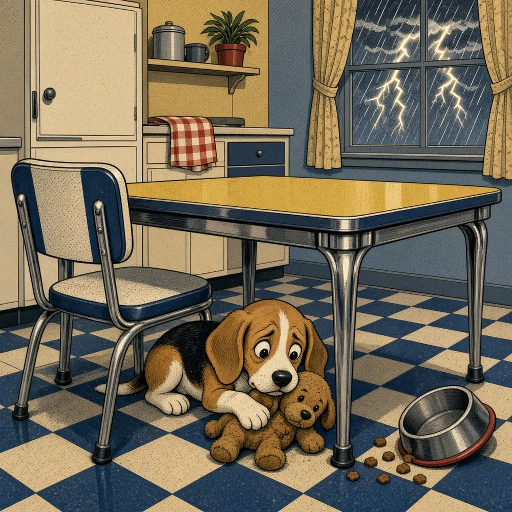 Illustration: 1950s civil defense poster of a beagle puppy sheltering under a chrome dinette table, clutching a plush puppy toy while a thunderstorm flashes outside.