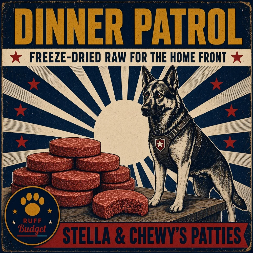 Illustration: victory-propaganda poster DINNER PATROL starring Stella & Chewy's freeze-dried dinner patties Dandy Lamb