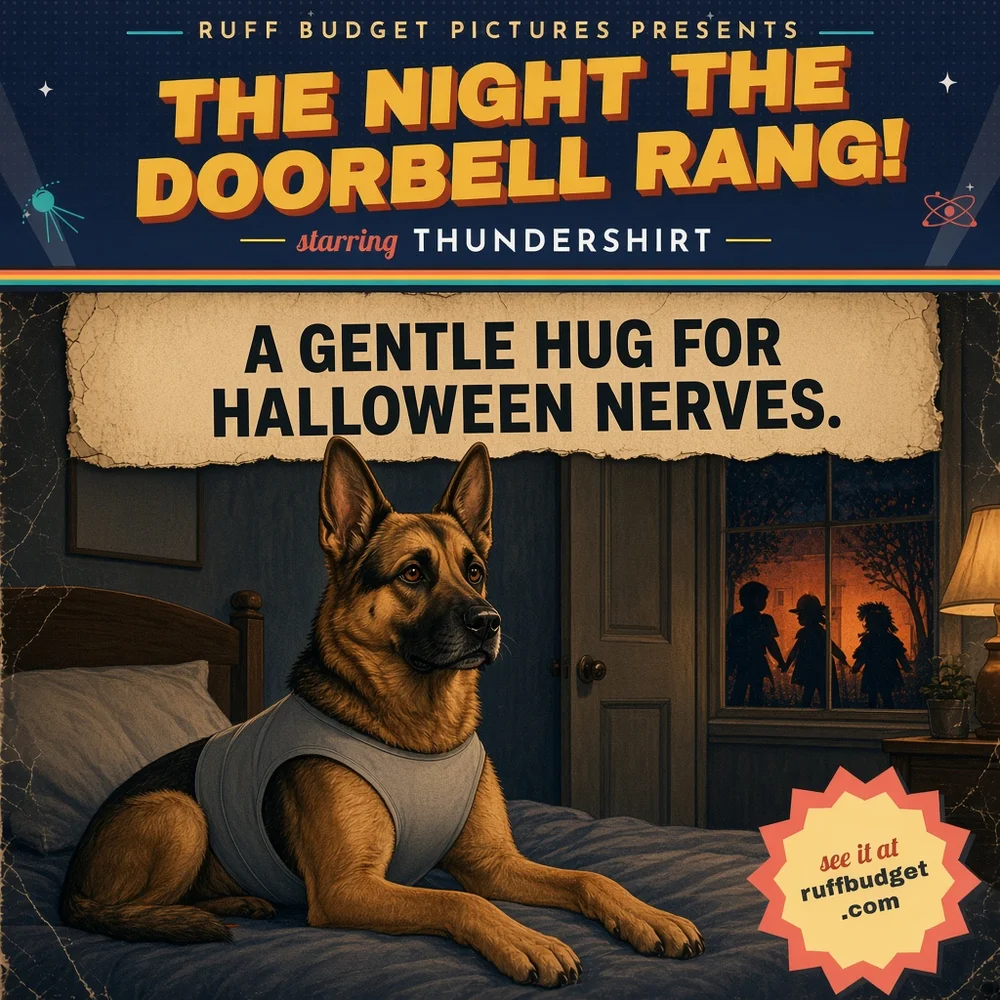 Illustration: 1950s B-movie poster of a gray ThunderShirt anxiety vest calming a trembling dog while tiny trick-or-treaters ring the doorbell at night