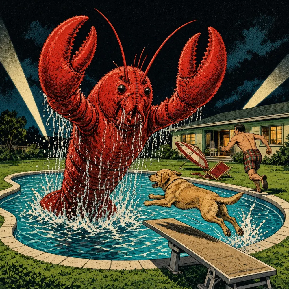 Illustration: 1950s B-movie poster of a giant plush lobster rising from a backyard pool as a Labrador leaps off the diving board to fight it.