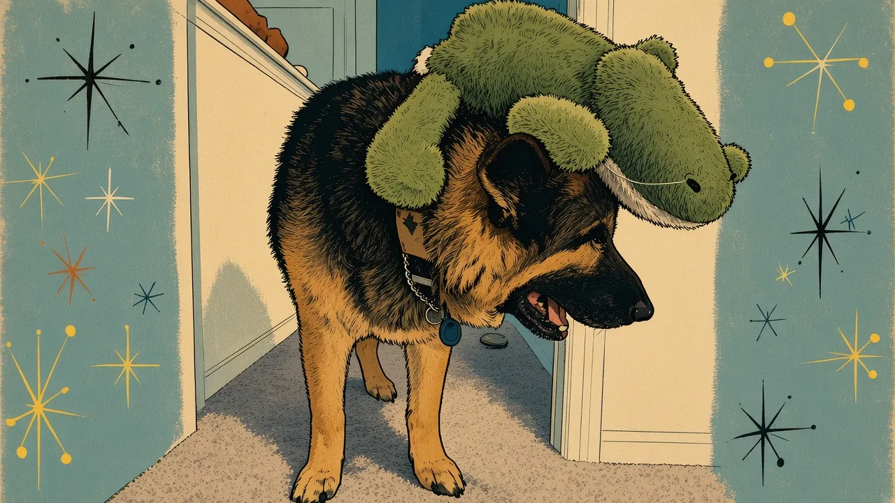 Illustration: Titan the German Shepherd with a lime-green Cozie alligator draped on his head like a hat