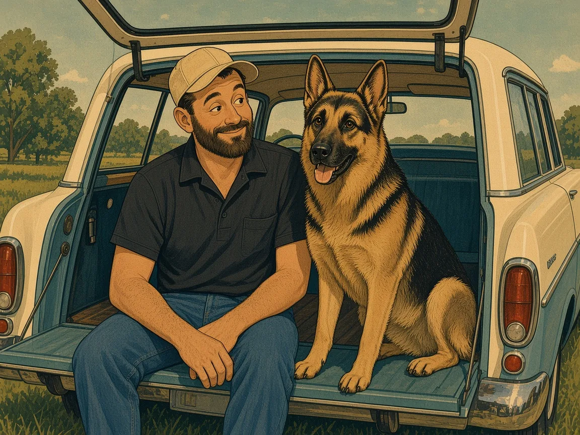 Illustration: bearded handler and Titan the German Shepherd in the open hatch of a cream-and-teal station wagon
