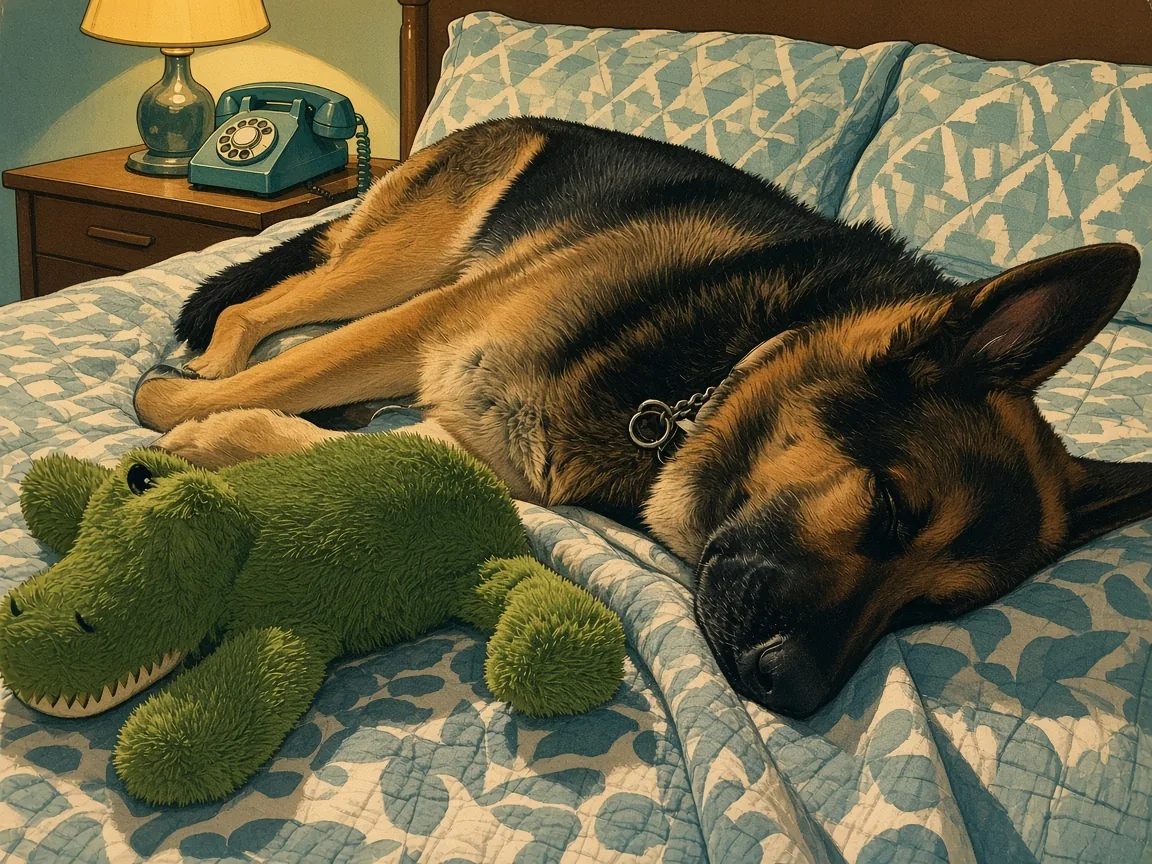 Illustration: Titan asleep on cream-and-teal bedding with the green Cozie alligator as sleep companion
