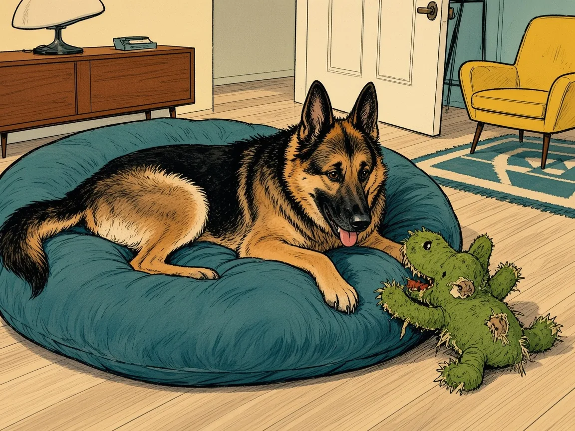 Illustration: Titan on a teal dog bed with a worn green Cozie alligator on the floor beside him